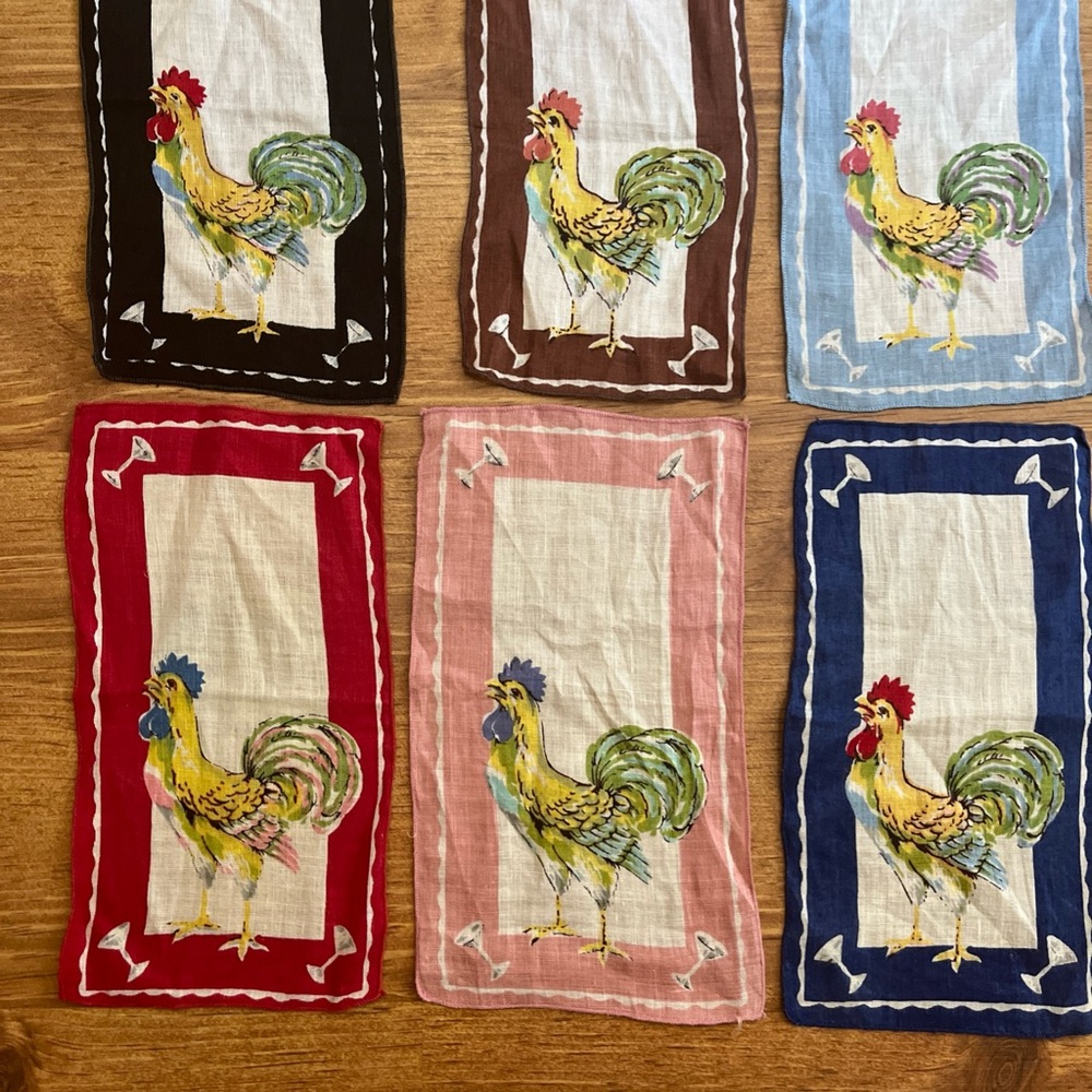 Vintage Rooster Print Cocktail Napkins, Set of Six